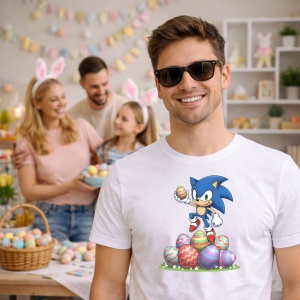 Tricou Paste Sonic Paste Oua Colorate Stack Festiv, din bumbac 100%, tricou alb, Copii | Dama | Barbat - Img 7