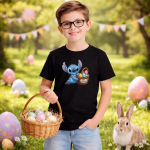Tricou Paste Stitch Paste Cos Oua Colorate Happy Easter, din bumbac 100%, tricou negru, Copii | Dama | Barbat - Img 5