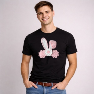 Tricou Paste Urechi Iepuras Cu Flori Roz Pastel Decor, din bumbac 100%, tricou negru, Copii | Dama | Barbat - Img 2