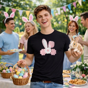 Tricou Paste Urechi Iepuras Cu Flori Roz Pastel Decor, din bumbac 100%, tricou negru, Copii | Dama | Barbat - Img 7