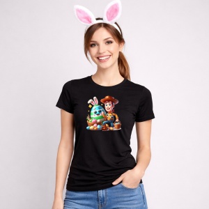 Tricou Paste Woody Toy Story Paste Iepuras Oua, din bumbac 100%, tricou negru, Copii | Dama | Barbat