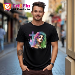 Tricou Pastel cross girl intense look, fata cu cruce pastel si privire intensa, Copii | Dama | Barbat , tricou negru - Img 10