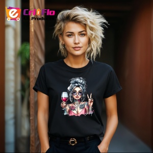 Tricou Peace sign wine stylish girl, fata stilata cu vin si semnul pacii, Copii | Dama | Barbat , tricou negru