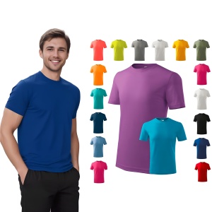 Barbat frumos poarta un tricou barbat simplu de culoare albastru regal si langa el sunt prezentate toate culorile disponibile pentru Tricou barbat