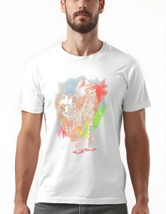 Bărbat purtând un tricou alb ce prezintă un design grafic inspirat de personaje horror iconice, cu Jason Voorhees și Freddy Krueger în prim-plan. Jason este redat cu masca sa specifică, iar Freddy este identificabil prin pălăria și ghearele sale metalice 