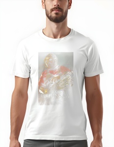 Bărbat purtând un tricou alb care prezintă un design inspirat de filmul „Texas Chainsaw Massacre”, captează esența terifiantă a horror-ului clasic. Imaginea îl arată pe Leatherface, personajul emblematic, pregătit cu feronerie, având o expresie amenințăto