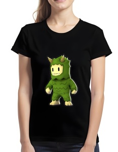 Tricou negru cu un design colorat care înfățișează un personaj stilizat din Stumble Guys îmbrăcat într-un costum verde de monstru, cu coarne și colți, având o textură ce imită blana.