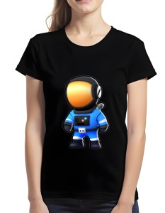 Tricou negru cu un design colorat care înfățișează un personaj stilizat din Stumble Guys îmbrăcat într-un costum de astronaut albastru, cu cască neagră și vizor portocaliu strălucitor.