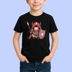 Tricou Personaj Razboinic Mic Cu Scut Si Sabie, din bumbac 100%, tricou negru Copii | Dama | Barbat