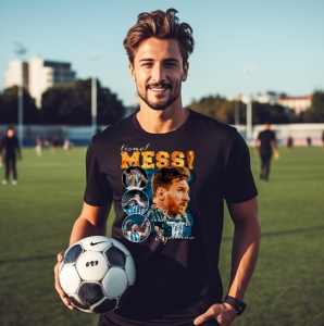 Bărbat purtând un tricou negru cu un design dedicat lui Lionel Messi, incluzând imagini ale fotbalistului și textul 'Messi Argentina', ținând o minge de fotbal și pozând pe un teren de fotbal.