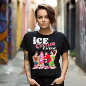 Tricou personalizat dama cu formatia Black Pink Ice Cream Kpop - Img 2
