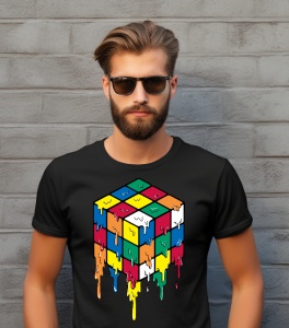 Bărbat purtând ochelari de soare și un tricou negru cu un design colorat al unui cub Rubik care se topește, pe fundal de perete gri.