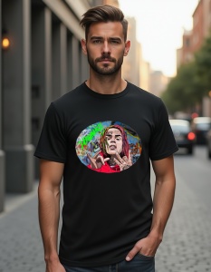 Bărbat care poartă un tricou negru cu un design grafic pe piept ce reprezintă un portret colorat al unui personaj cu părul colorat, în stil grafic street-art, cu un fundal vibrant de graffiti.