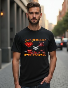 Bărbat purtând un tricou negru cu un design grafic care înfățișează mai multe figuri de draci, inclusiv capete de draci cu coarne, un demon cu trident și alte imagini demonice, cu textul 'AM DRACI PE MINE' scris deasupra și dedesubtul acestora, într-un st