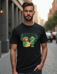 Bărbat purtând un tricou negru cu un desen colorat al unei persoane cu păr cârlionțat, ținând o chitară și o plantă de canabis, cu textul 'BE YOUR OWN DEALER'.