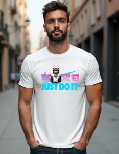 Bărbat purtând un tricou alb cu un design creativ inspirat de Nike. Logo-ul "NIKE" este stilizat cu litere mari, în culorile roz și alb, iar sub acesta apare sloganul "JUST DO IT" în albastru deschis. Designul include un personaj animat, un ursuleț simpat