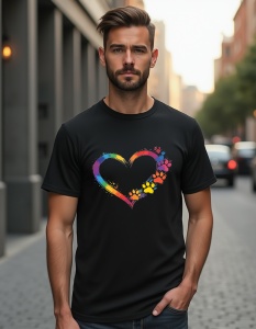 Bărbat purtând un tricou negru cu un design colorat în formă de inimă, compus din urme de lăbuțe de animale în nuanțe vibrante de curcubeu.