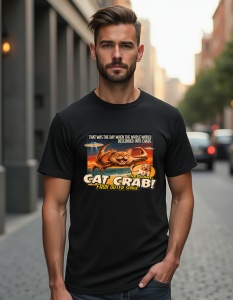 Un bărbat purtând un tricou negru cu un design inspirat de posterele vintage de filme SF, ce arată o creatură hibrid între o pisică și un crab, alături de textul 'The Giant Cat Crab! From Outer Space' și un mesaj dramatic despre haosul care s-a abătut asu