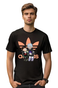 Bărbat purtând un tricou negru cu un design parodic, având o imagine cu personajele Rick și Morty îmbrăcați în stil urban în fața logo-ului Adidas în portocaliu.