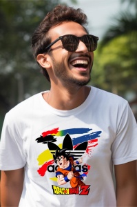 Un bărbat zâmbitor care poartă ochelari de soare și un tricou alb cu design Dragon Ball Z, înfățișându-l pe Goku, cu un logo adidas și un fundal colorat.