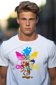 Tânăr cu părul scurt, purtând un tricou alb cu un design colorat ce include personaje animate (Wile E. Coyote și Road Runner) și pete de vopsea colorată roz, albastru și galben, pe fundal alb.