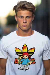 Tânăr cu păr blond, purtând un tricou alb cu un design grafic colorat, având un personaj cu pălărie roșie și vopsea pe un fundal de linii galbene, într-un cadru urban.