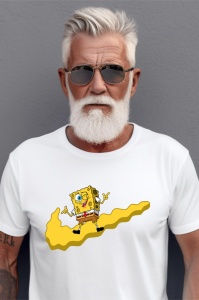 Bărbat în vârstă cu barbă albă și ochelari de soare, purtând un tricou alb cu o imagine cu SpongeBob zburând pe un curent galben.