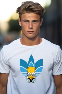Tânăr purtând un tricou alb cu un design parodic, având o imagine cu Bart Simpson purtând căști, în fața unui logo Adidas stilizat în albastru.