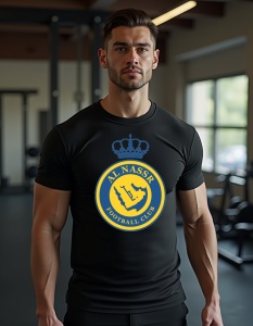 Bărbat purtând un tricou negru cu emblema echipei de fotbal Al Nassr FC. Logo-ul Al Nassr este amplasat central pe tricou și prezintă un cerc galben cu o hartă stilizată a Peninsulei Arabe în interior, evidențiată pe un fundal albastru. Deasupra logo-ului
