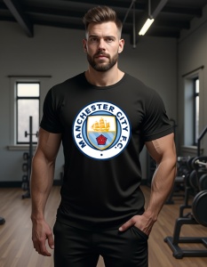 Bărbat purtând un tricou negru cu sigla echipei de fotbal Manchester City F.C., reprezentată de un scut cu o corabie aurie, un râu albastru și un trandafir roșu, înconjurate de textul 'Manchester City F.C.'. Bărbatul se află într-o sală de sport, cu echip