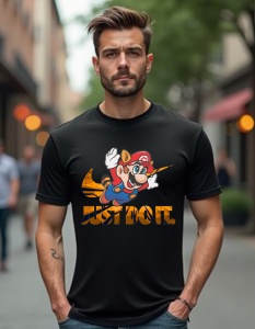 Un bărbat care poartă un tricou negru cu un design care include un personaj similar cu Mario din jocurile video, zburând cu un mesaj 'JUST DO IT.' scris pe tricou.