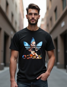 Un bărbat care poartă un tricou negru cu un design inspirat de un brand sportiv, care încorporează personaje din animația Dragon Ball Z, Goku și Vegeta, alături de logo-ul brandului pe tricou.