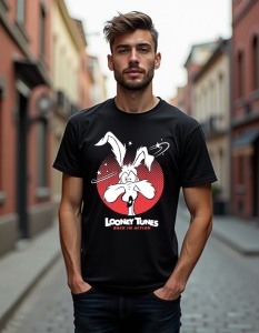 Un bărbat care poartă un tricou negru cu un design inspirat de personajul Bugs Bunny din Looney Tunes, cu textul 'LOONEY TUNES BACK IN ACTION'.