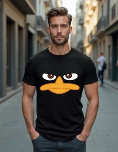Bărbat purtând un tricou negru cu desenul feței unui pasăre cartoonescă, cu ochi mari și privire concentrată, și cioc portocaliu.