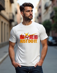 Bărbat purtând un tricou alb cu un design personalizat Nike. Logo-ul „NIKE” și sloganul „JUST DO IT” sunt evidențiate în culori roșii și portocalii, iar între literele „N” și „I” apare un personaj simpatic, Pikachu, aducând o notă jucăușă și vibrantă desi