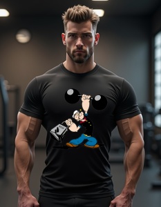 Bărbat purtând un tricou negru cu un design care prezintă un personaj de desene animate musculos, ridicând o halteră mare, într-o sală de sport.