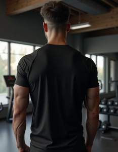 Bărbat văzut din spate, purtând un tricou negru, stând pe o alee între clădiri.