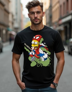 Un bărbat care poartă un tricou negru cu un design animat al lui Bart Simpson îmbrăcat ca Spider-Man, swinging pe o pânză de păianjen cu un fundal verde.