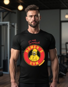 Bărbat purtând un tricou negru cu un design inspirat din serialul The Simpsons, cu textul 'Homer's Gym' și o imagine cu Homer Simpson într-o poziție musculoasă, într-o sală de sport.