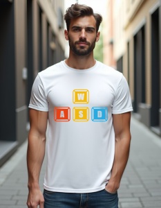 Bărbat purtând tricou alb cu design de taste colorate reprezentând comenzi de jocuri video W, A, S, D