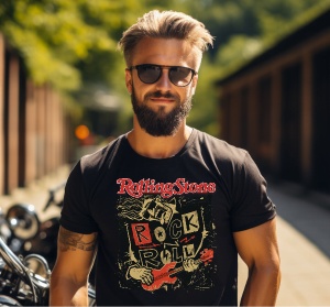 Bărbat care poartă un tricou negru cu designul „Rolling Stone” și inscripția „Rock & Roll”. Grafica include o ilustrație de inspirație vintage cu o chitară electrică roșie și un fundal artistic. Bărbatul emană o atitudine cool, completată de ochelari de s
