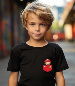 Tricou personalizat pentru copii din bumbac 100% cu imprimeu de buzunar - Mario simpatic din jocurile video - Cadou perfect pentru fanii Nintendo