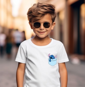 Tricou personalizat pentru copii din bumbac 100% cu imprimeu de buzunar - Stitch din Lilo & Stitch - Cadou perfect pentru fanii Disney - Img 3
