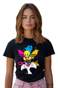 Femeie purtând un tricou negru cu un design colorat ce îl înfățișează pe Tweety stând pe capul lui Sylvester, cu elemente artistice de culoare albastră, roz și galben.