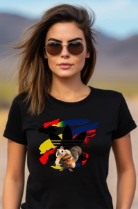 Femeie purtând ochelari de soare și un tricou negru cu un design de personaj animat din Ice Age, pe un fundal cu logo stilizat Adidas și culori vibrante