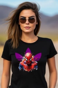 Femeie purtând un tricou negru cu un design grafic vibrant al lui Spider-Man în culori roșii și albastre, pe un fundal cu logo-ul Adidas în violet, purtând ochelari de soare.