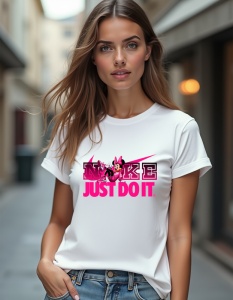 Femeie purtând un tricou alb cu un design Nike personalizat, având un personaj animat și sloganul 'Just Do It' în roz