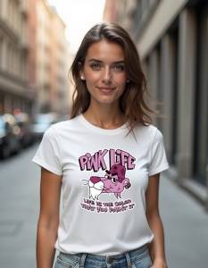 Tricou personalizat pentru dama din bumbac 100% - Pink Life, Pantera Roz, desen animat, amuzant, retro