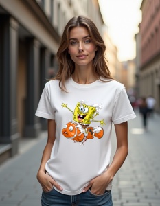 Tricou personalizat pentru dama din bumbac 100% - Sponge & Nemo, SpongeBob, pești, desen animat, aventură