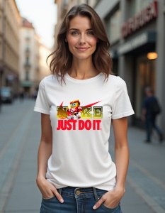 Tricou alb purtat de o femeie, decorat cu un design pe piept ce include logo-ul 'Nike' în culori aurii și roșii, împreună cu sloganul 'Just Do It' într-un roșu aprins. Designul este acompaniat de un personaj stilizat și swoosh-ul distinctiv al brandului î
